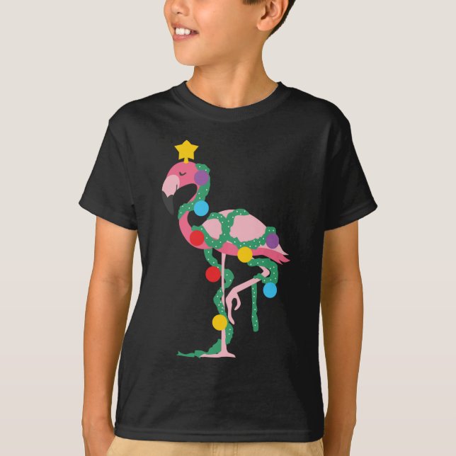 Fa La La Mingo Pink Flamingo Christmas Tree Lights T-Shirt (Front)