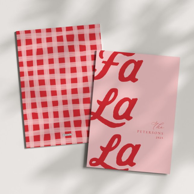 Fa La La Modern Pink & Red Plaid Family Christmas  Holiday Card (Creator Uploaded)