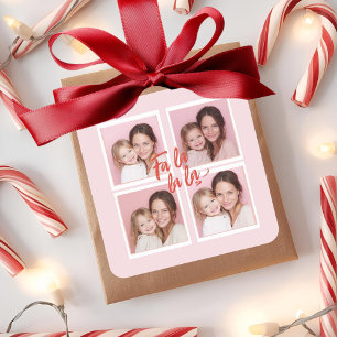 Fa La La Pink Christmas Photo Collage Square Sticker