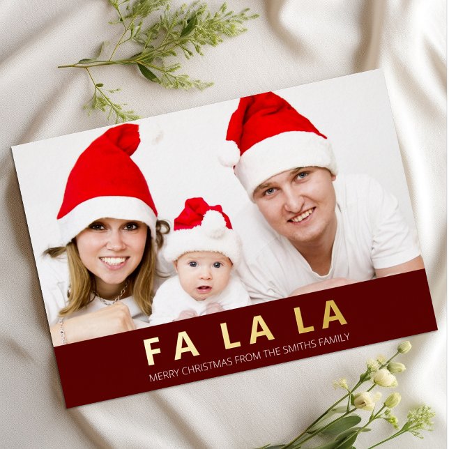 Fa La La Red Gold Modern Christmas Photo Foil Holiday Card (Creator Uploaded)