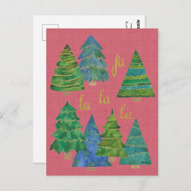 Fa La La Watercolor Christmas Card Golden Accents (Front/Back)