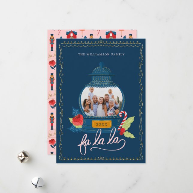Fa La Nutcracker Christmas Family Photo Snow Globe Holiday Card (Front/Back In Situ)