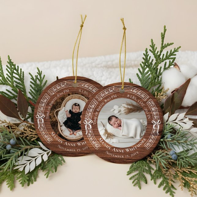 Fa La Sheet Music Birth Stats Baby Photo Woodgrain Ceramic Ornament (Fa La Sheet Music Birth Stats Baby Photo Woodgrain Ceramic Ornament)