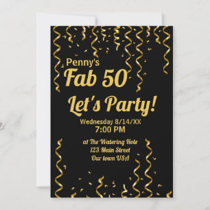 Fab 50 Black and Gold Ribbons Birthday Party   Invitation