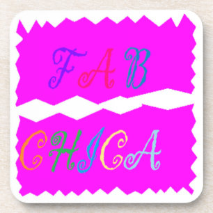 FAB CHICA LOGO vibrant pink and coloured text Coaster