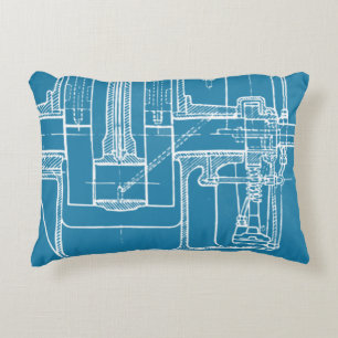 FAB MECHANICAL DRAWING BLUEPRINT BLUE  WHITE DECORATIVE CUSHION