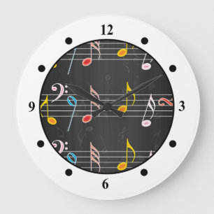 Fab Music Notes on Black Large Clock