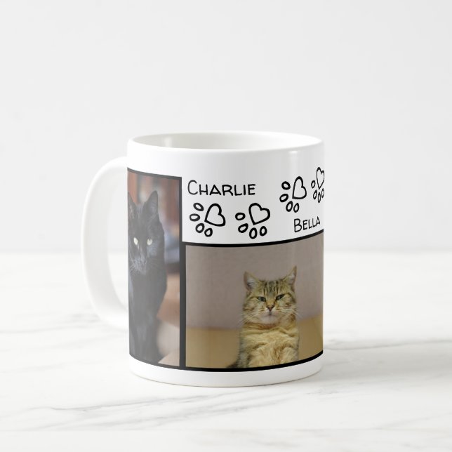 Fab Paw Print Hearts Three Cats Names and Photo Coffee Mug (Front Left)