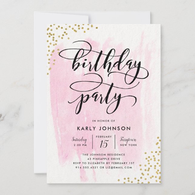 Fab Pink Watercolor Gold Confetti Birthday Party Invitation (Front)