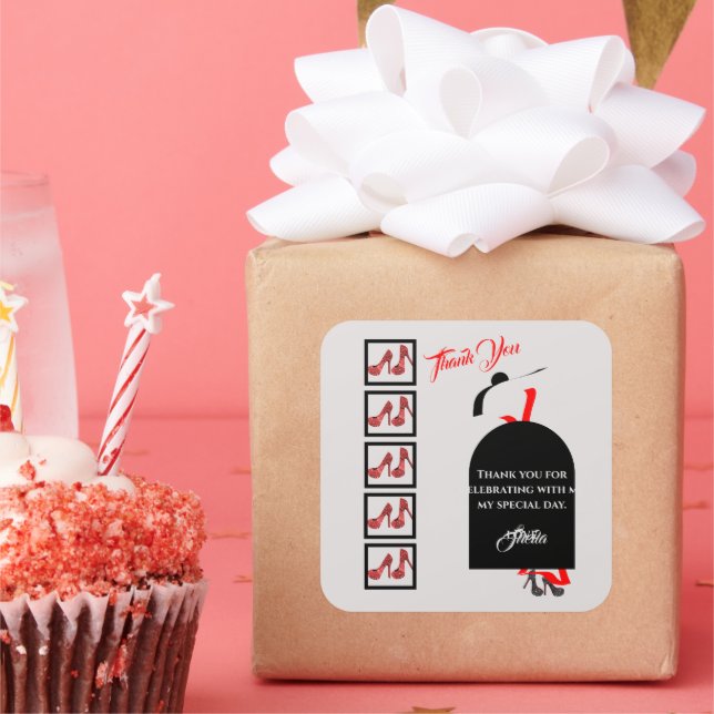 Fab Silhouette Glam Red Black Shoes Thank Birthday Square Sticker (Party)