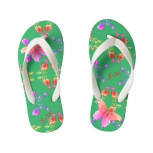 Faberge-inspired PinkRoses and Butterflies on Teal Kid's Thongs
