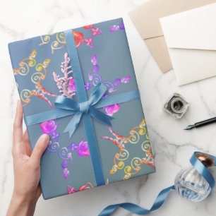 Faberge Rose Hearts on Pale Blue Moss Wrapping Pap Paper