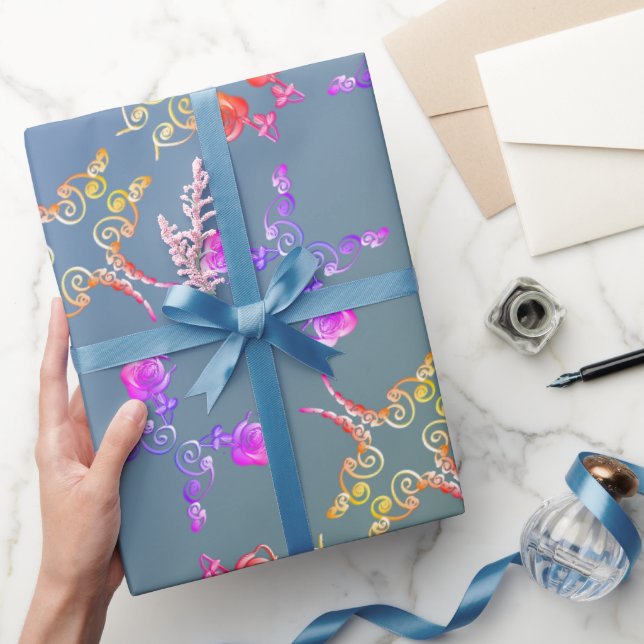 Faberge Rose Hearts on Pale Blue Moss Wrapping Pap Wrapping Paper (Gifting)