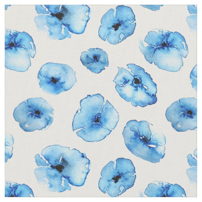 Fabric - Blue Poppies Watercolours (Close Up)