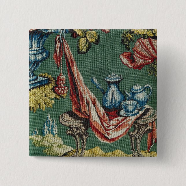 Fabric depicting a chocolate pot and a teapot 15 cm square badge (Front)