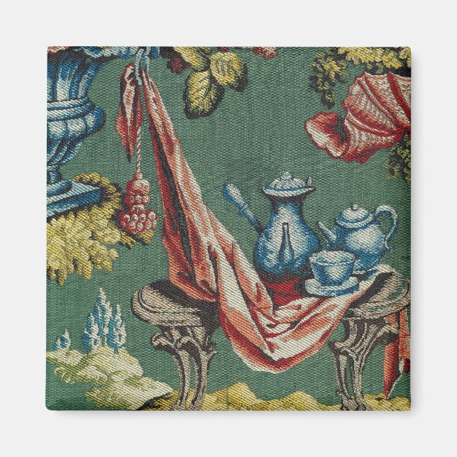 Fabric depicting a chocolate pot and a teapot magnet (Front)