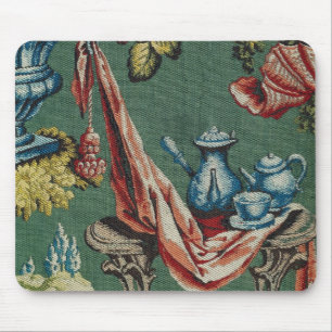 Fabric depicting a chocolate pot and a teapot mouse pad