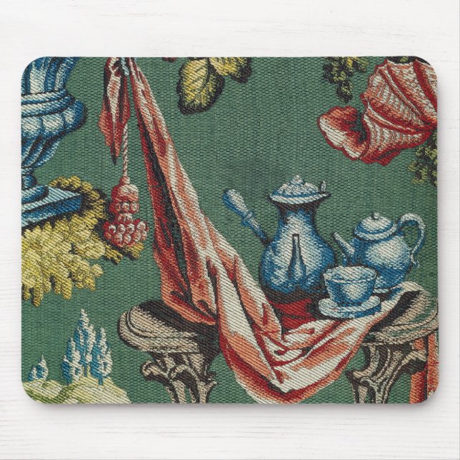 Fabric depicting a chocolate pot and a teapot mouse pad (Front)