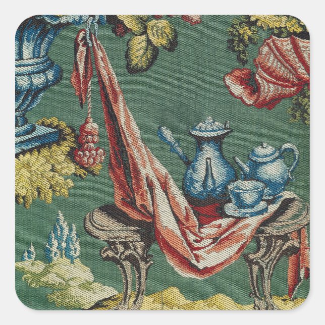 Fabric depicting a chocolate pot and a teapot square sticker (Front)