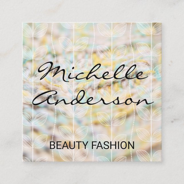 Fabric Material | Plant Doodle Pattern Square Business Card (Front)