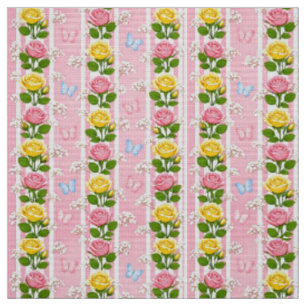 Fabric Pink & Yellow Roses Floral Stripe