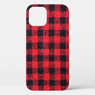 Fabric texture with grid pattern, red squares and iPhone 12 case