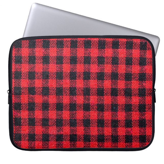 Fabric texture with grid pattern, red squares and  laptop sleeve (Front)