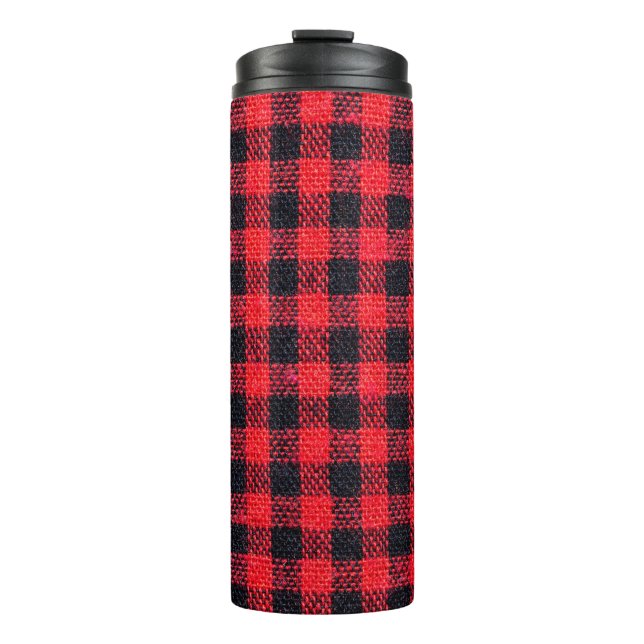 Fabric texture with grid pattern, red squares and  thermal tumbler (Front)