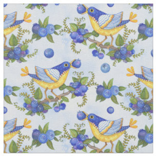 FABRIC Whimsical Birds Blueberries Blue Yellow