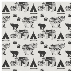 FABRIC Woodland Tribal Bears Black on White Boy