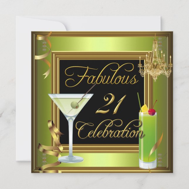 Fabulous 21 Celebration Gold Green Birthday Party Invitation (Front)