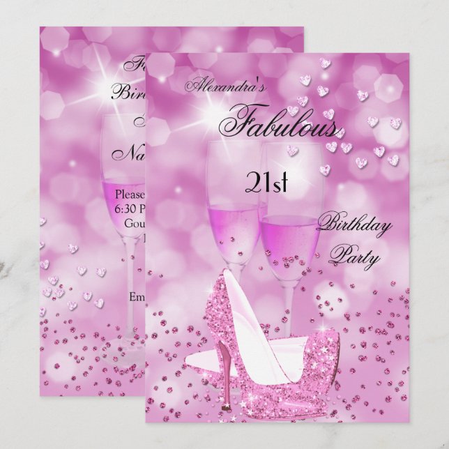 Fabulous 21st Party Shimmer Pink High Heels Invitation (Front/Back)