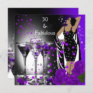 Fabulous 30 30th Birthday Purple Roses Martini Invitation