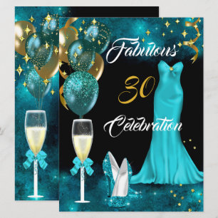 Fabulous 30 Champagne Party Teal Blue Heels Gold Invitation