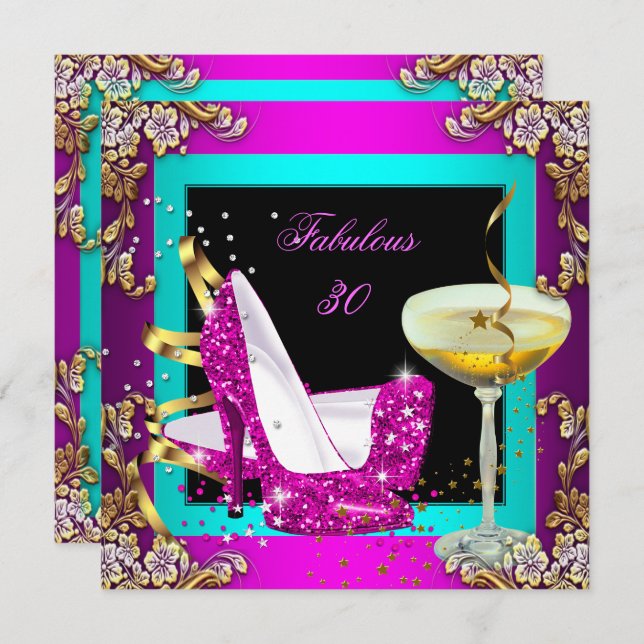 Fabulous 30 Hot Pink Teal Glitter Gold Party Invitation (Front/Back)