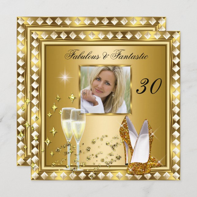 Fabulous 30 Photo Gold Glam Hollywood Birthday 5 Invitation (Front/Back)