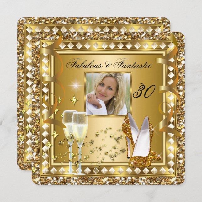 Fabulous 30 Photo Gold Glam Hollywood Birthday Invitation (Front/Back)