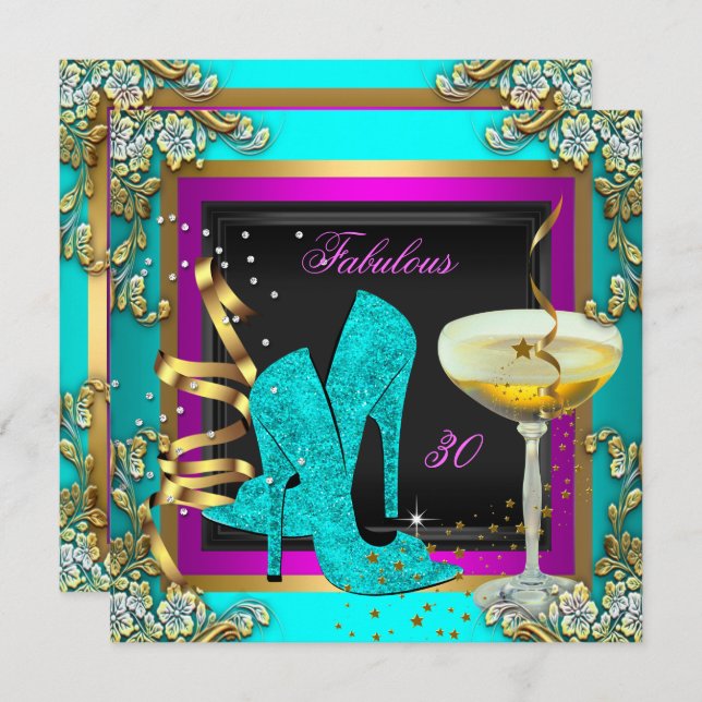 Fabulous 30 Pink Teal Gold Birthday Party Invitation (Front/Back)
