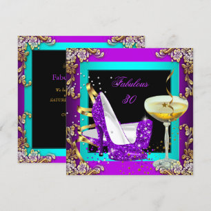 Fabulous 30 Purple Teal Glitter Gold Party Invitation