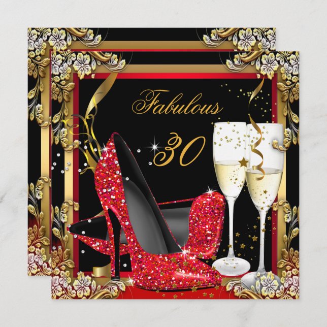 Fabulous 30 Red Heels Gold Black Champagne Party Invitation (Front/Back)