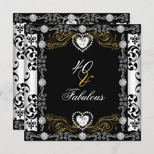 Fabulous 40 Damask Gold Black White Silver 40th Invitation