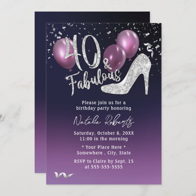 Fabulous 40 Deep Purple Girl 40th Birthday  Invitation (Front/Back)