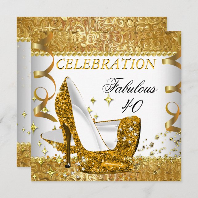 Fabulous 40 Glitter White Gold Heels Birthday Invitation (Front/Back)