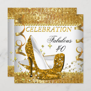 Fabulous 40 Glitter White Gold Heels Birthday Invitation