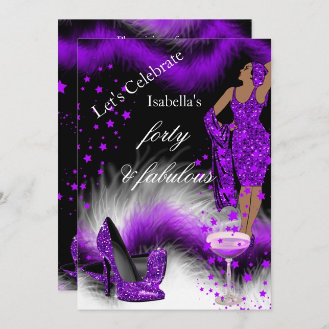 Fabulous 40 Lady Purple Champagne Birthday Party Invitation (Front/Back)
