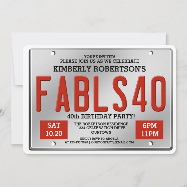 Fabulous 40 License Plate Birthday Invitations (Front)