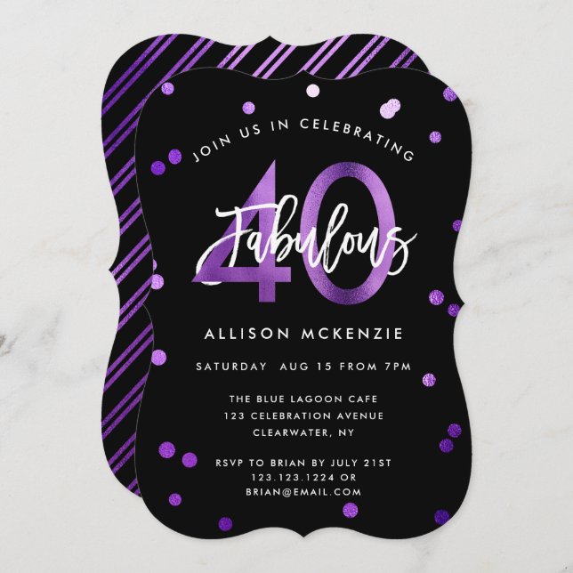 Fabulous 40 | Modern Elegant Purple Birthday Party Invitation (Front/Back)