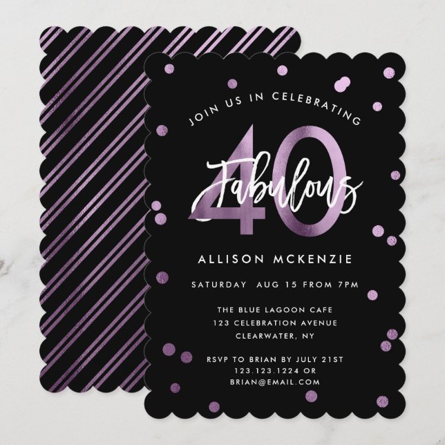 Fabulous 40 | Modern Lilac Purple Stylish Birthday Invitation (Front/Back)