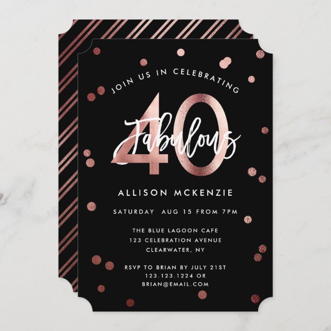 Fabulous 40 | Modern Rose Gold Stylish Birthday Invitation (Front/Back)