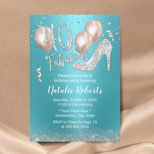 Fabulous 40 Modern Turquoise Silver 40th Birthday  Invitation (Creator Uploaded)